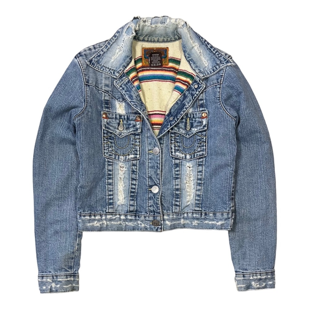 True Religion Distressed Wool Lined Denim Jean Jacket Women’s Size M